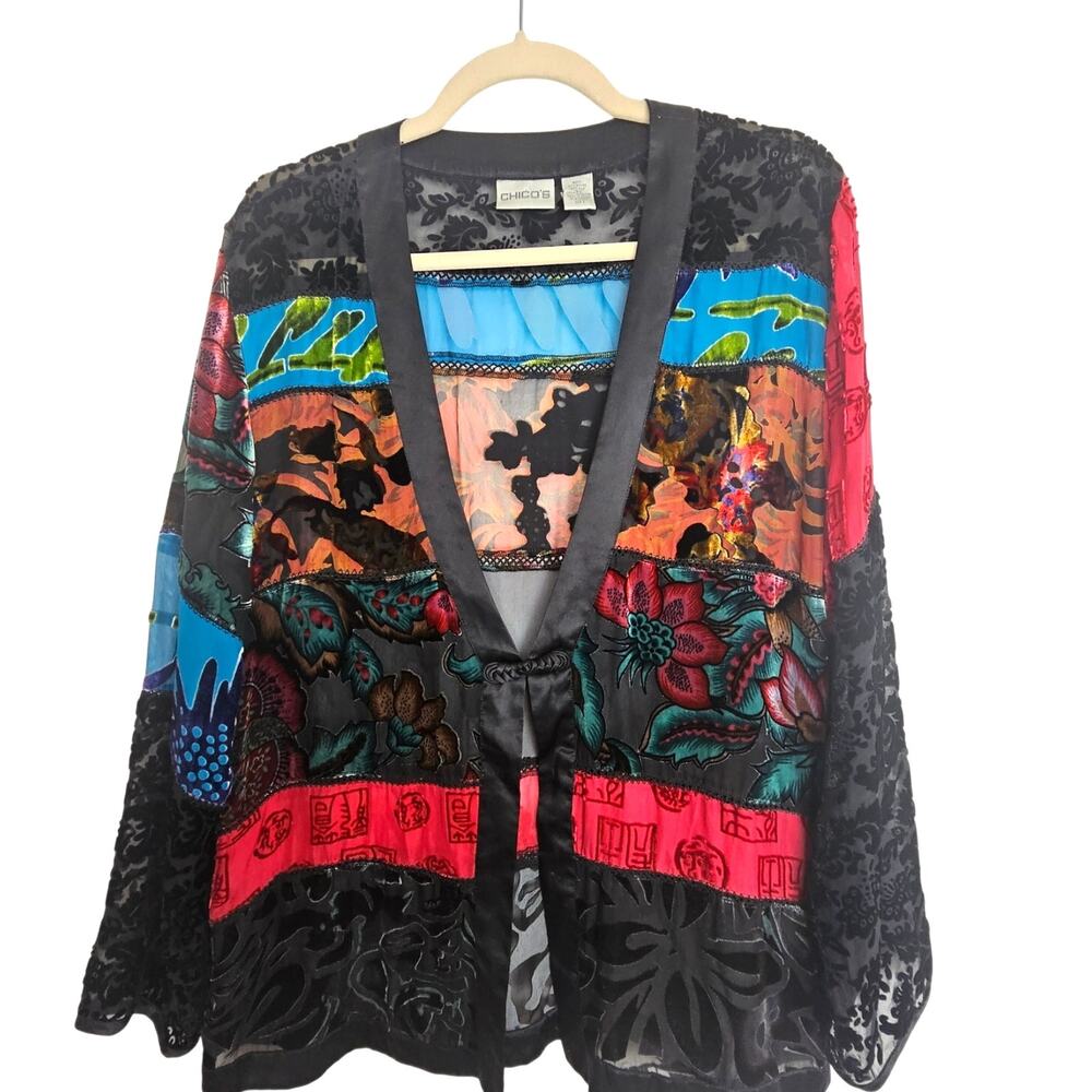 Chicos Silk Artsy Sheer Cardigan Size L Floral Bohemian Whimsigoth Patchwork